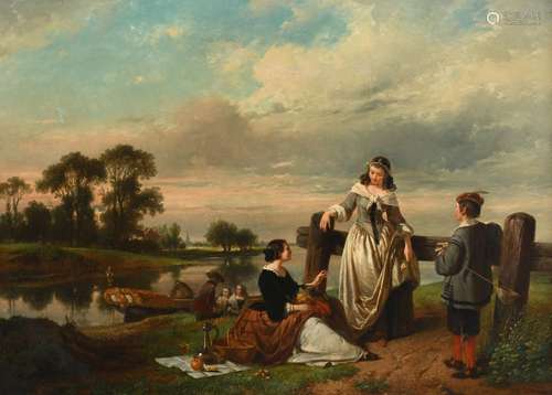 Jan Michiel Ruyten (1813-1881) Elegant figures picnicking on...