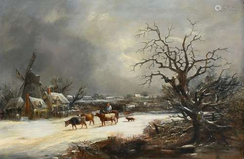 Robert Burrows (1810-1883) Winter landscape at dusk with a f...