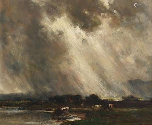 ‡ Owen Bowen (1873-1967) Landscape with cattle watering in a...