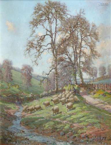 Arthur Meade (1863-1942) Landscape with a shepherd and his f...