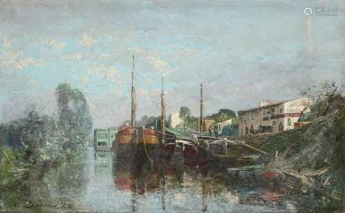Auguste-Louis Lepère (French 1849-1918) Barges on a canal Si...