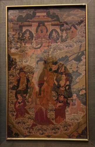 Thangka peint représentant un Bouddha parmi des nuées, faisa...