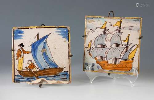 Two Catalan tiles, 18th century.Glazed ceramic.Lack of polyc...