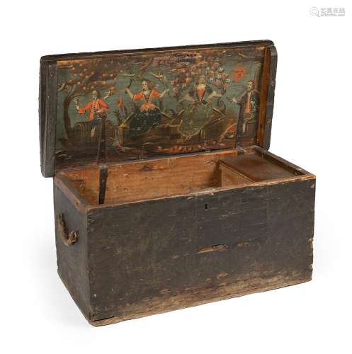 A 17th-18th century sailor`s chest.Wood, with polychrome lid...