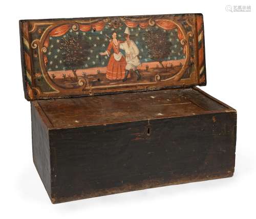 A 17th-18th century sailor`s chest.Wood, with polychrome lid...