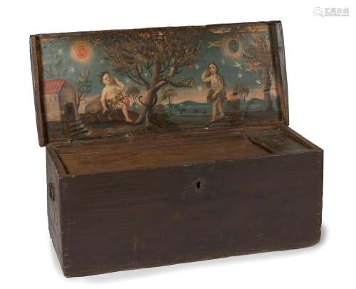 XVII-XVIII century sailor`s chest.Polychrome wood. Iron side...
