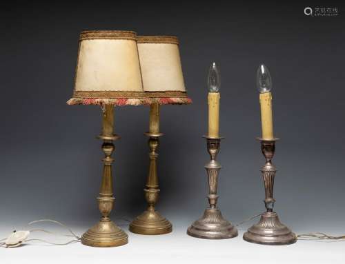 Two sets of candlesticks converted into lamps, s.XIX.Four la...