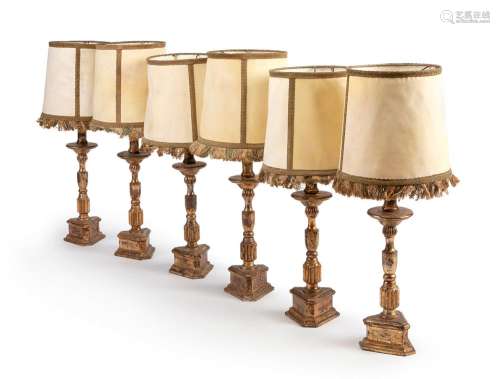 Set of six table lamps. Baroque style, pps. XX.Carved wooden...