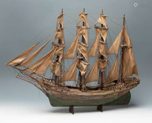 Model ship, 19th century.Painted wood and cloth.Age wear. Fa...