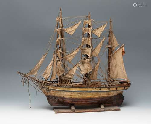 Model ship, 19th century.Painted wood and cloth.Age wear. Fa...