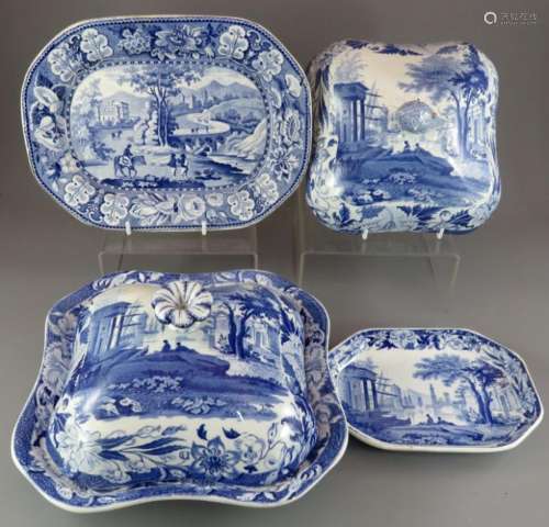 A group of four early nineteenth century blue and white tran...