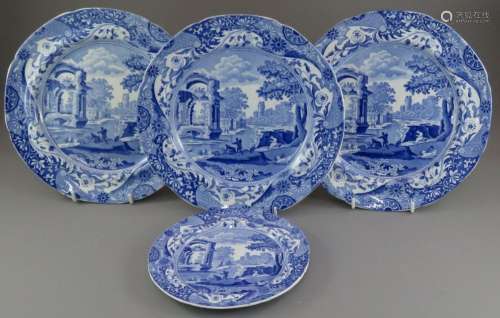 A set of three early nineteenth century blue and white trans...