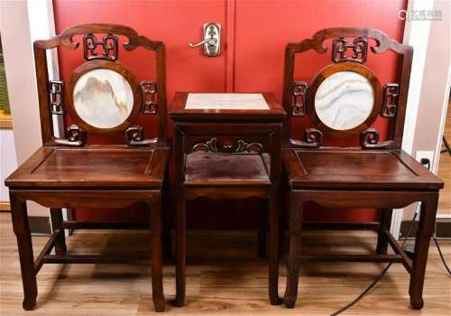 A Pair of Marble Inlaid Chairs and A Stand