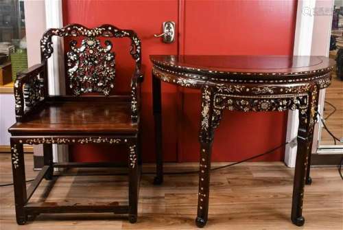 A Mother-of-Pearl-Inlaid Arm Chair & A Table 19thC