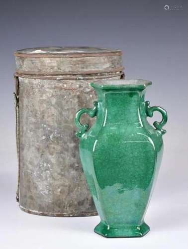 A Crackled Green-Glazed Hexagonal Vase w/Box