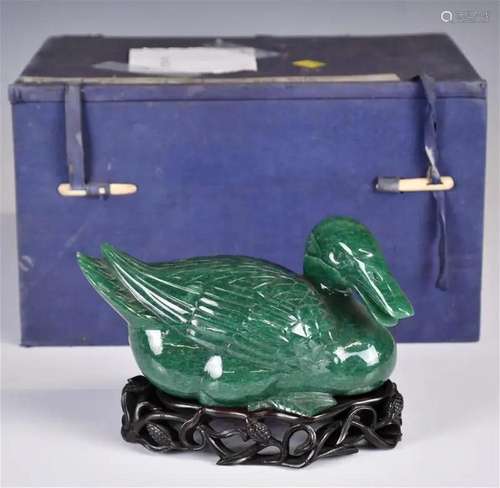 A Jade Carved Duck w/Stand & Box