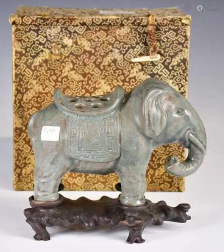 A Blue Glaze Elephant Flower Holder w/Stand & Box