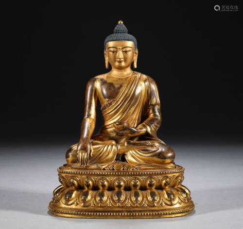 清代，銅鎏金釋迦摩尼佛造像
