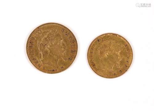 Pièce de 10 francs or Napoléon III (1864) et pièce de 5 fran...