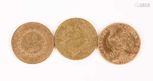 3 pièces de 20 francs or République (1850, 1896, 1908)