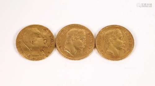 3 pièces de 20 francs or Napoléon III (1853, 1866, 1867)