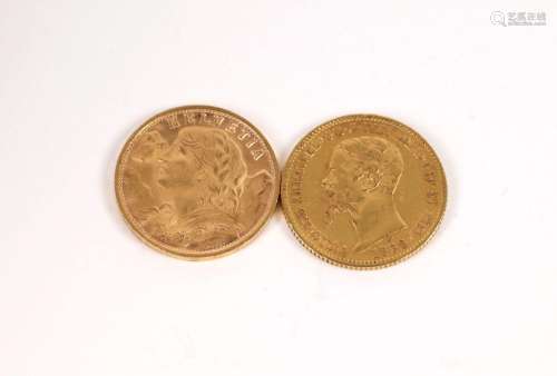 Pièce de 20 francs or Suisse (1935) et pièce de 20 Lires or ...