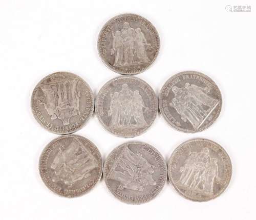 Sept pièces de 5 francs argent République (1873, 1874, 1875)