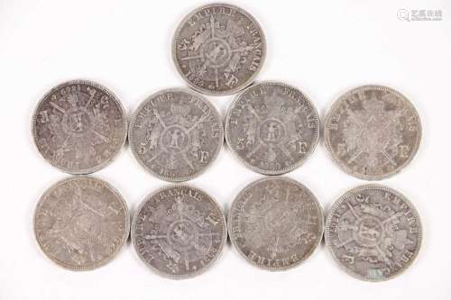 Neuf pièces de 5 francs argent Napoléon III (1867, 1868, 186...
