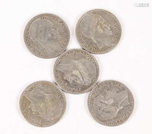 5 pièces de 20 francs argent type Turin (1929, 1934, 1938)