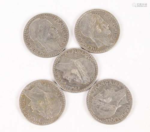 5 pièces de 20 francs argent type Turin (1929, 1934, 1938)