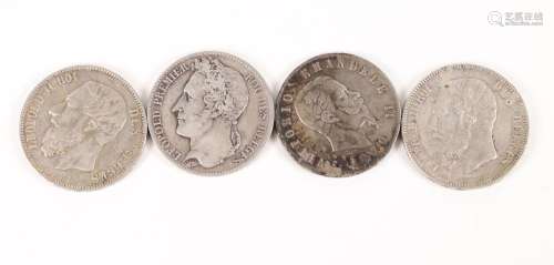 Trois pièces de 5 francs belges argent (1848, 1868, 1873) et...
