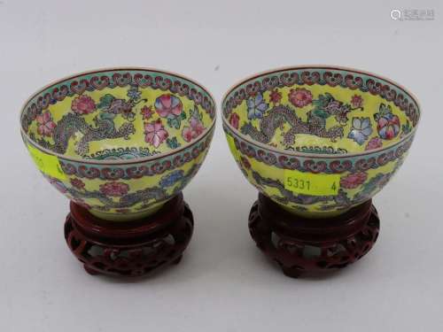 PAIR OF CHINESE EGG SHELL SMALL TEA BOWLS, 5 CLAW DRAGON AND...