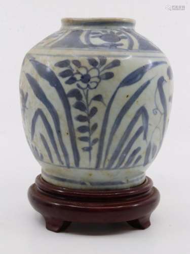 CHINESE JAR, MING DYNASTY, BLUE AND WHITE, SHORT NECK WITH S...