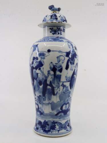 ANTIQUE CHINESE LIDDED URN, HAND PAINTED BLUE AND WHITE WITH...