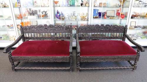 PAIR OF ANTIQUE INDO-PORTUGUESE HIGHLY CARVED BENCH SEATS, M...