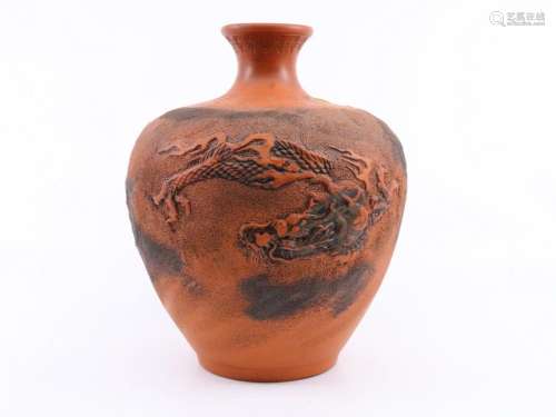 ANTIQUE CHINESE YIXING ZISHAN VASE WITH DRAGON IN HIGH RELIE...