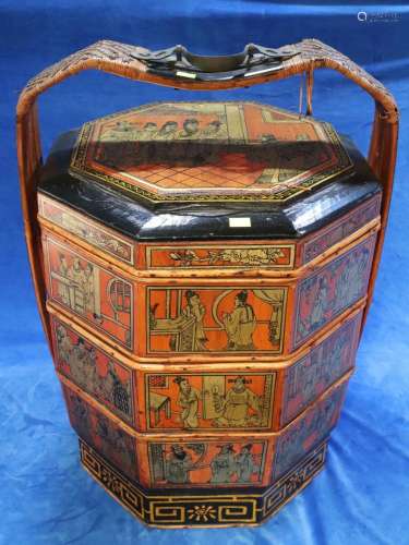 VINTAGE CHINESE HAND PAINTED LACQUERED 3 TIER WOOD WEDDING B...