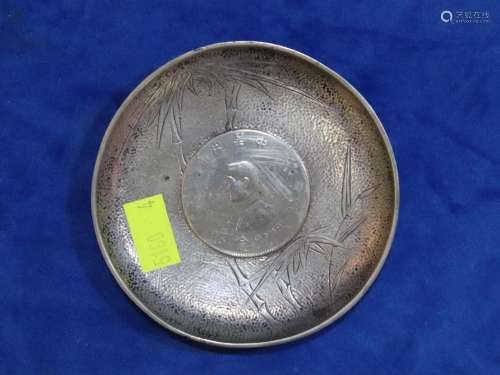 CHINESE EXPORT SILVER COIN DISH, HALL MARKED BELOW, WITH 191...