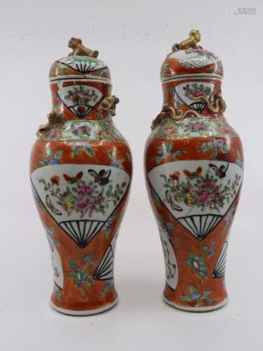 PAIR OF ANTIQUE CHINESE LIDDED URNS, ROSE CANTON PATTERN, OR...