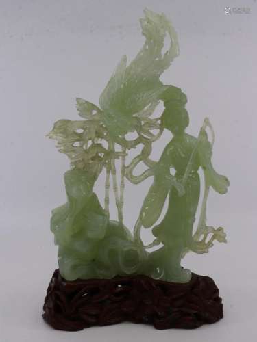 BOXED VINTAGE HAND CARVED JADE FIGURE OF MAIDEN AND PHOENIX ...
