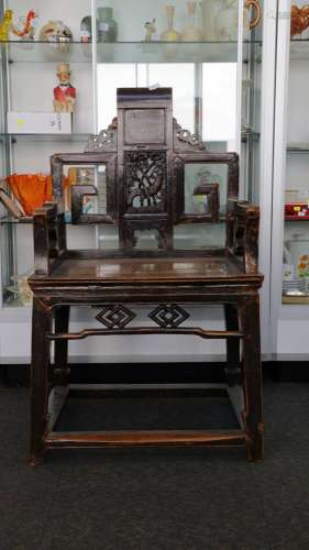 ORIENTAL ELM ARM CHAIR, WITH HAND CARVED CENTRE PANEL