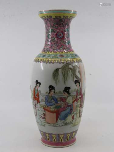 20TH CENTURY CHINESE VASE, HAND PAINTED MAIDENS, WITH ENAMEL...