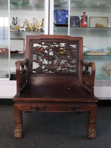 CHINESE ROSEWOOD ARMCHAIR WITH DRAGON CARVED PANELS