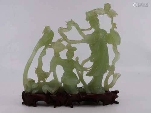 BOXED VINTAGE CARVED JADE FIGURE OF CHINESE MAIDENS WITH WOO...