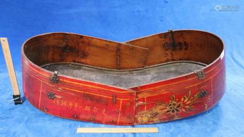 ANTIQUE CHINESE WOODEN BABY CRADLE, HAND PAINTED, METAL HAND...