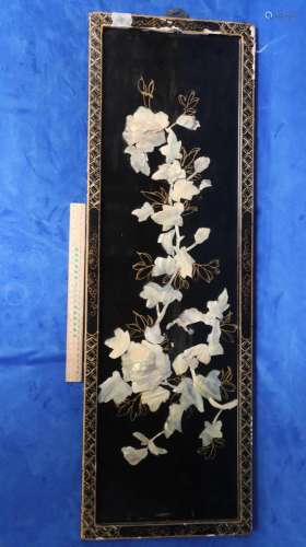 BLACK LACQUERED PANEL WITH MOTHER OF PEARL 3D SCENE INSERTED...