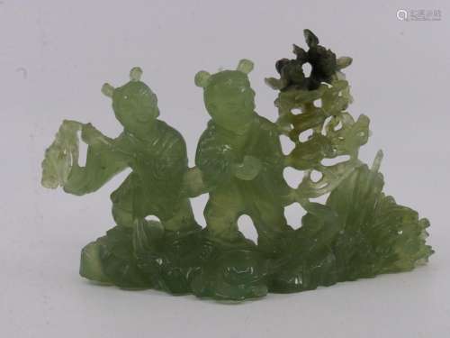 CHINESE FINELY CARVED GREEN JADE STATUES OF CHILDREN PLAYING...