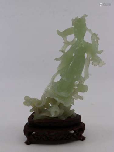 BOXED VINTAGE CARVED JADE FIGURE OF CHINESE MAIDEN WITH WOOD...