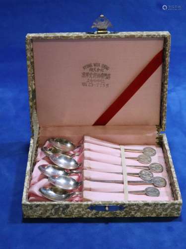 CASED SET OF 6 CHINESE EXPORT SILVER TEA SPOONS, HALLMARKED,...