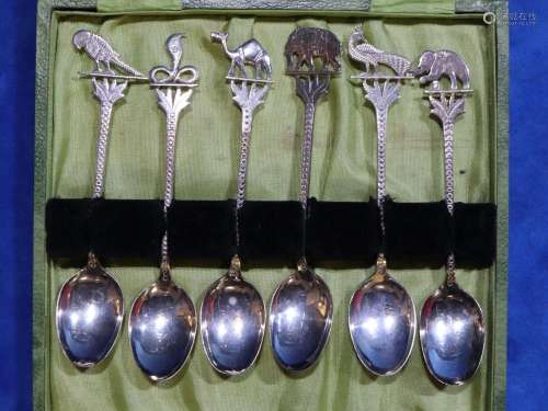 CASED SET OF 6, MARKED INDIA SILVER TEA SPOONS, ASSORTED ANI...
